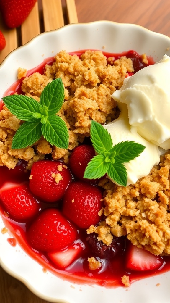A warm strawberry crumble with a golden topping and a scoop of vanilla ice cream on a rustic table.